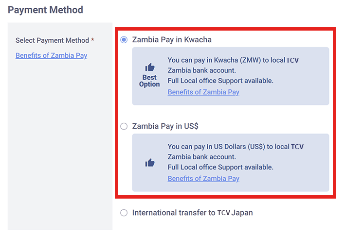 Zambia Pay "BEST OPTION!" and Zambia Pay "Recommended".