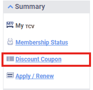 my TCV Discount Coupon menu in the left column